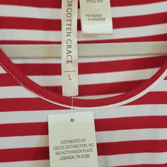 Forgotten Grace Sz L Red White Stripe Tunic 3/4 sleeves w Ruffle NWT - Picture 3 of 4